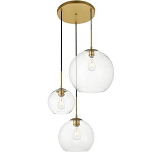 Pemberly Row Modern 3-Light Metal Pendant in Brass & Clear Finish