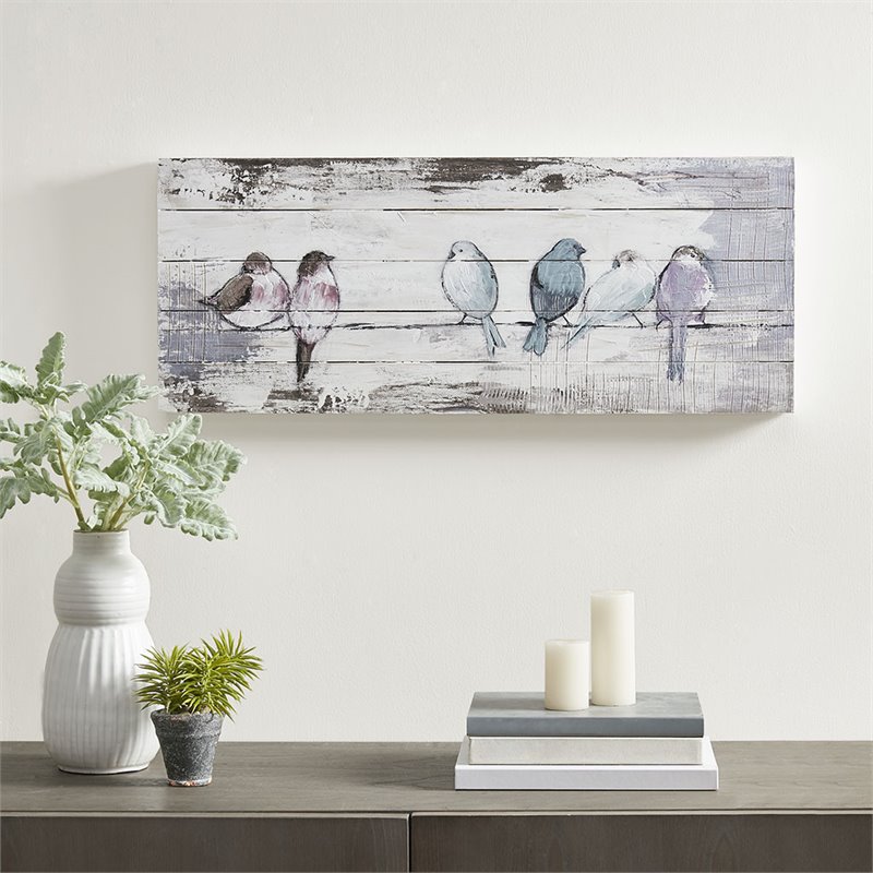 Pemberly Row Traditional MDF Wood Perched Birds Hand Painted Plank in Gray