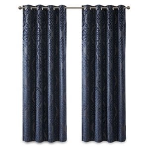Pemberly Row Fabric Knitted Jacquard Total Blackout Window Panel in Navy