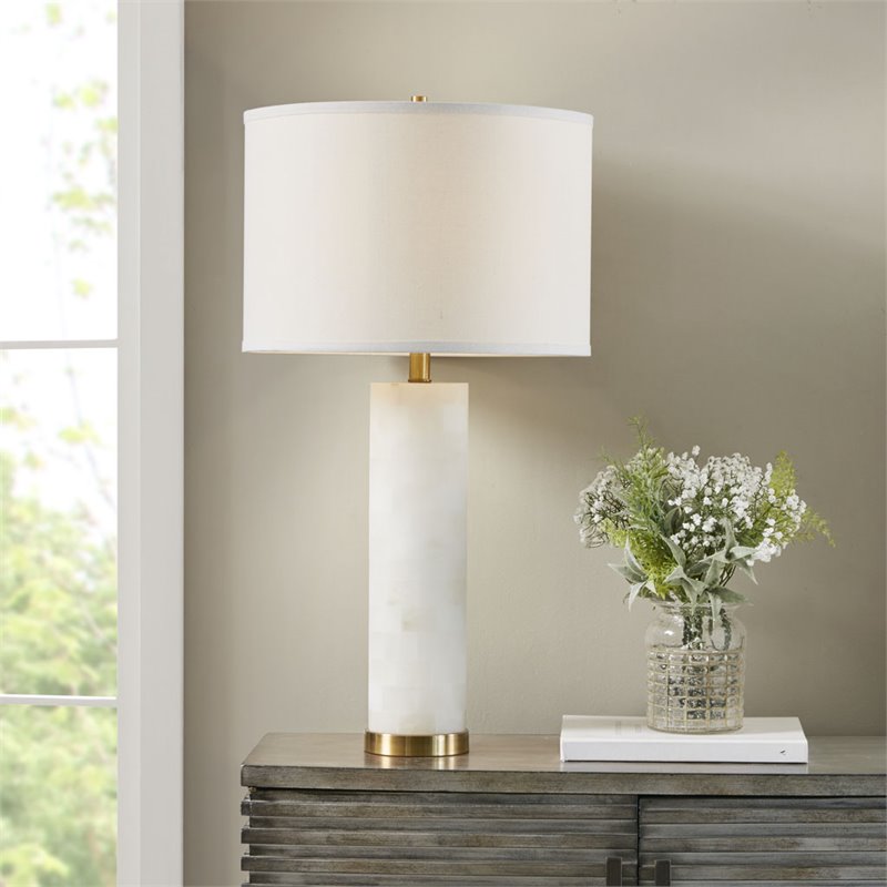 Pemberly Row Prague Alabaster and Fabric Table Lamp in White/Gold