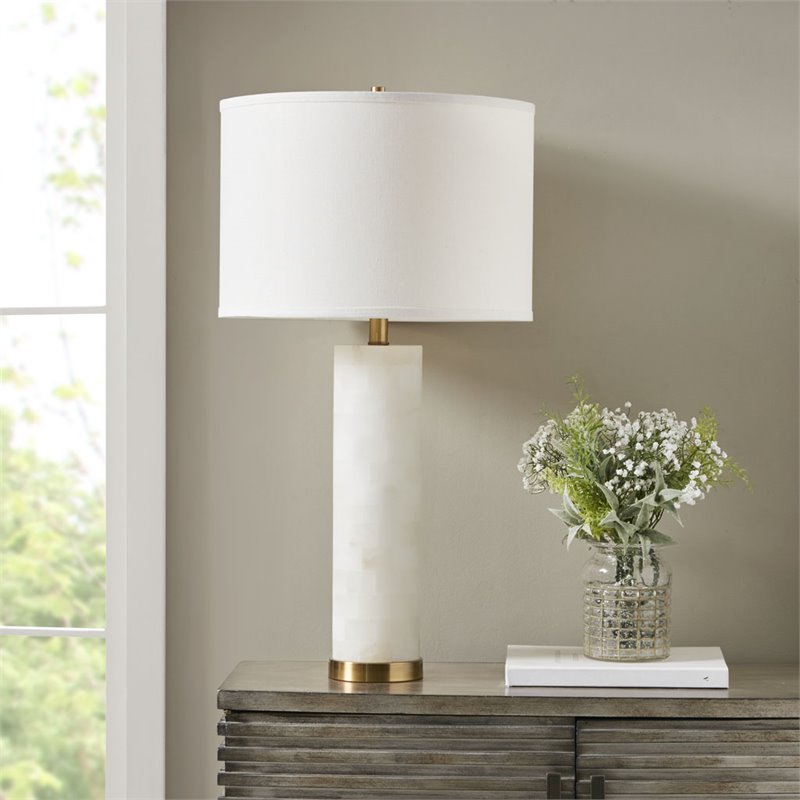 Pemberly Row Prague Alabaster and Fabric Table Lamp in White/Gold