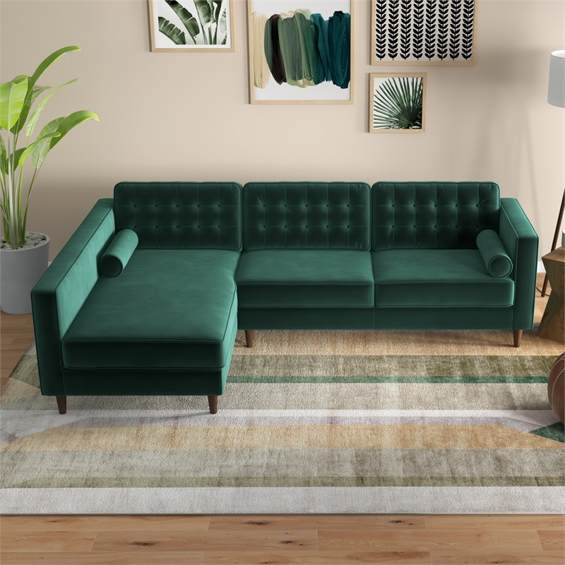 Pemberly Row Living Room Pillow Back Green Velvet L-Shaped Sectional Couch