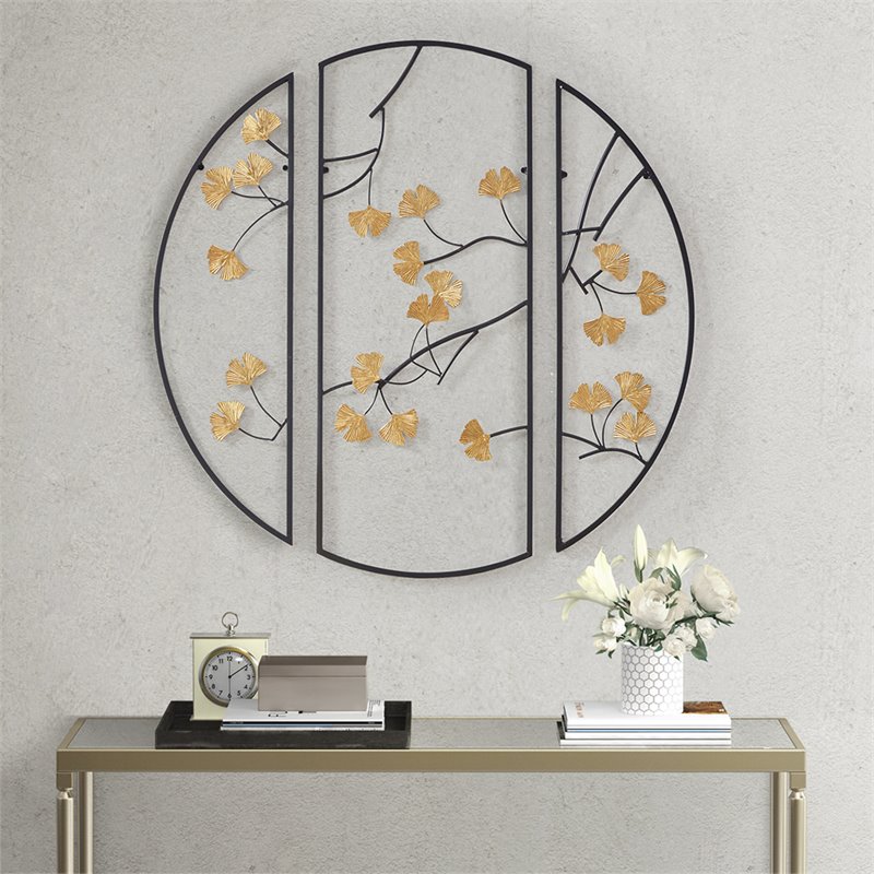 Pemberly Row Transitional Metal Gingko Leaves Wall Art in Black