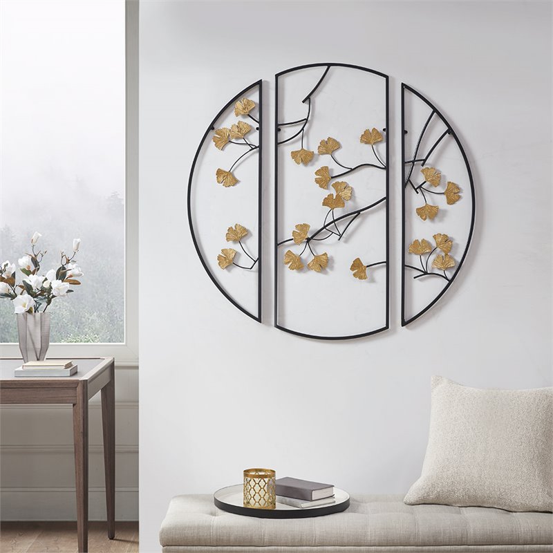 Pemberly Row Transitional Metal Gingko Leaves Wall Art in Black