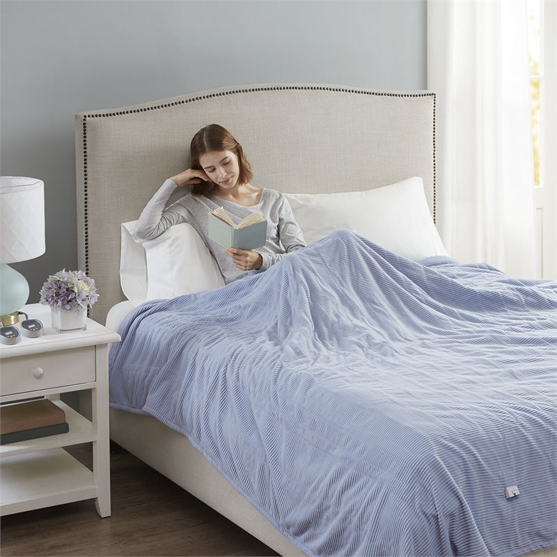 Pemberly Row Polyester Knitted Micro Fleece Solid Textured Heated Blanket - Blue