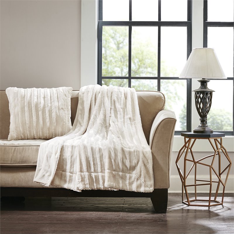 Pemberly Row 100 Percent Polyester Brushed Long Fur Knitted Throw in Ivory