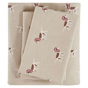Pemberly Row 100 Percent Cotton Flannel Printed Sheet Set in Tan Dog