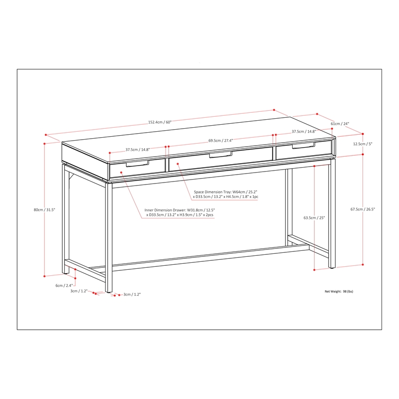 Pemberly Row Solid Hardwood Modern Industrial 60 inch Wide Desk in Hickory Brown