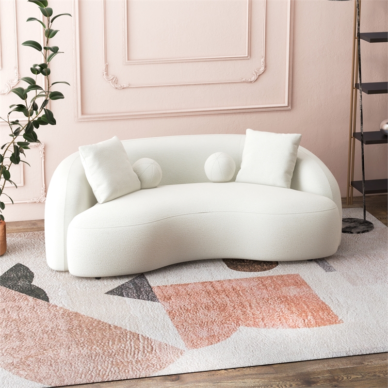 Pemberly Row Living Room French Knitted White Boucle Fabric Upholstered Sofa