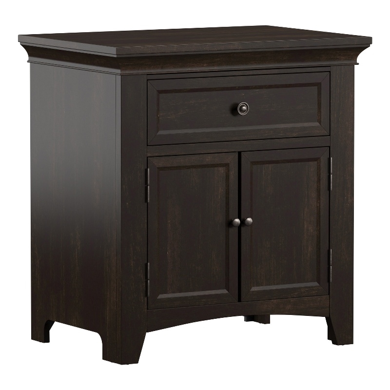Pemberly Row 1-Drawer Wood Cupboard Nightstand with Charging Station in Black
