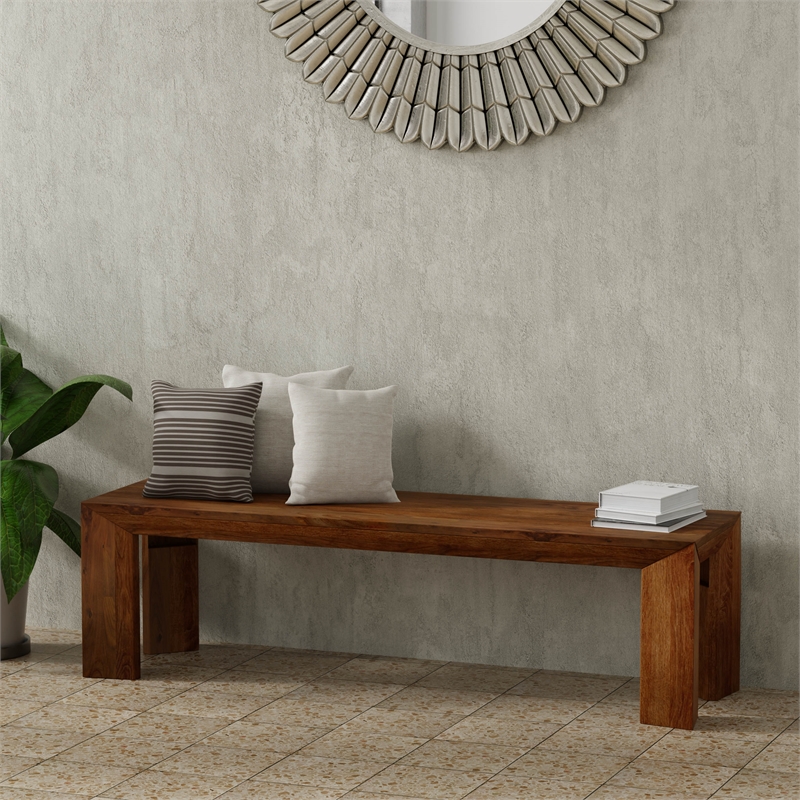 Pemberly Row Transitional Solid Mango Wood Dining Bench in Brown Finish