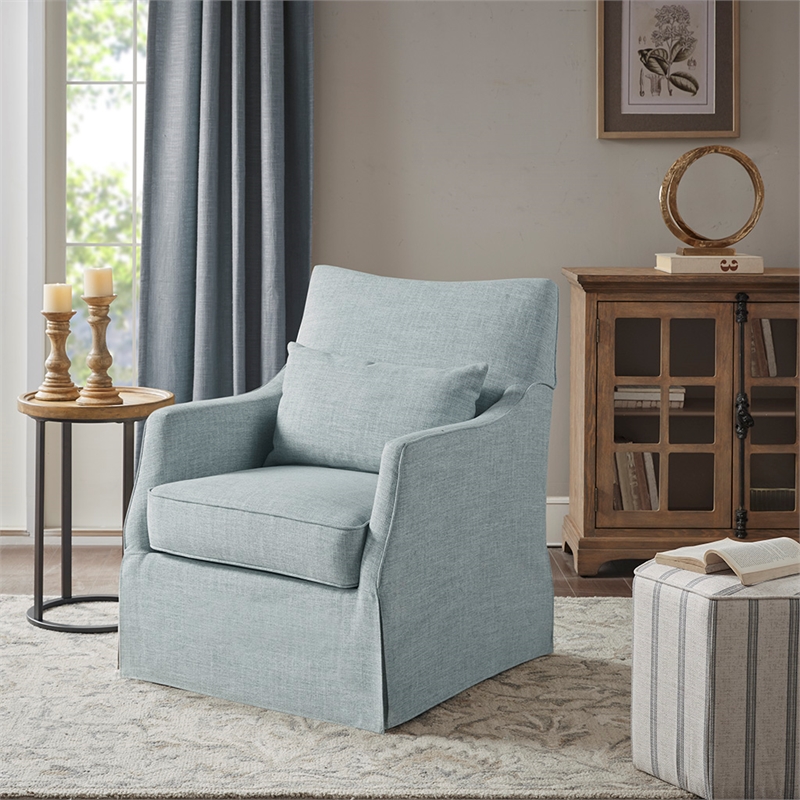 Pemberly Row Traditional Fabric Skirted Swivel Chair in Blue