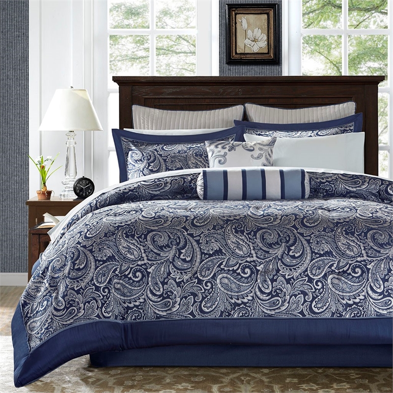 Pemberly Row Contemporary 12 Piece Complete Bed Set in Navy Finish