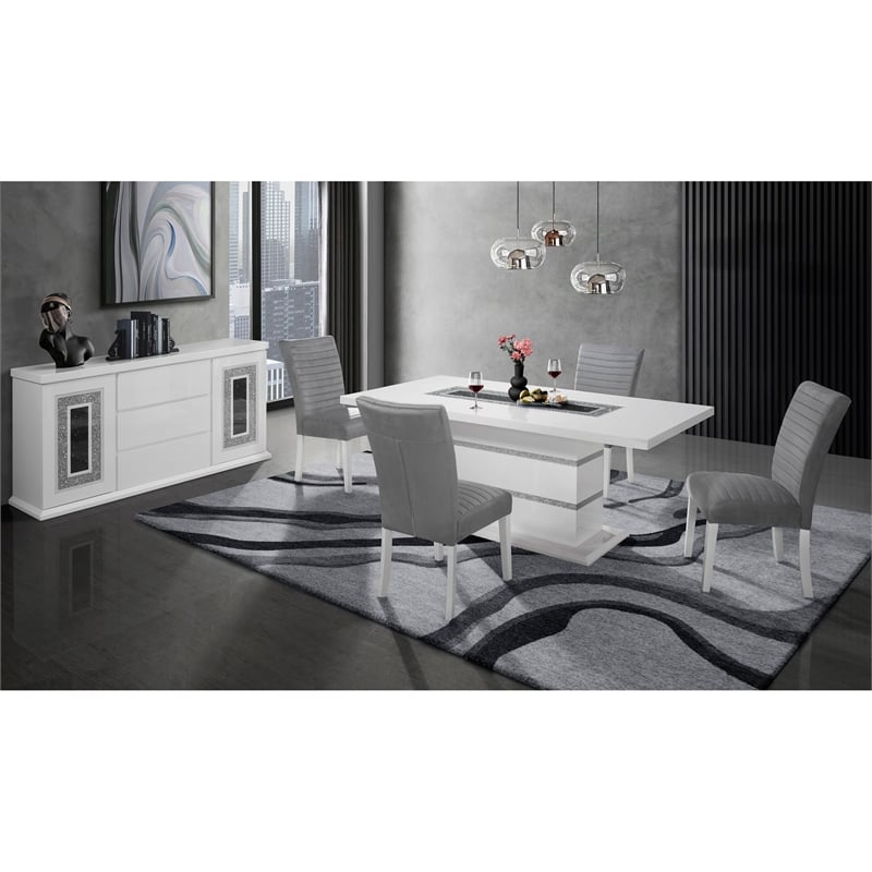 Pemberly Row Modern Wood White Dining Table with Clear Glass Inlay