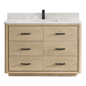 Pemberly Row 48&quot Natural Oak Single Bath Vanity w/ Fish Maw White Quartz Stone
