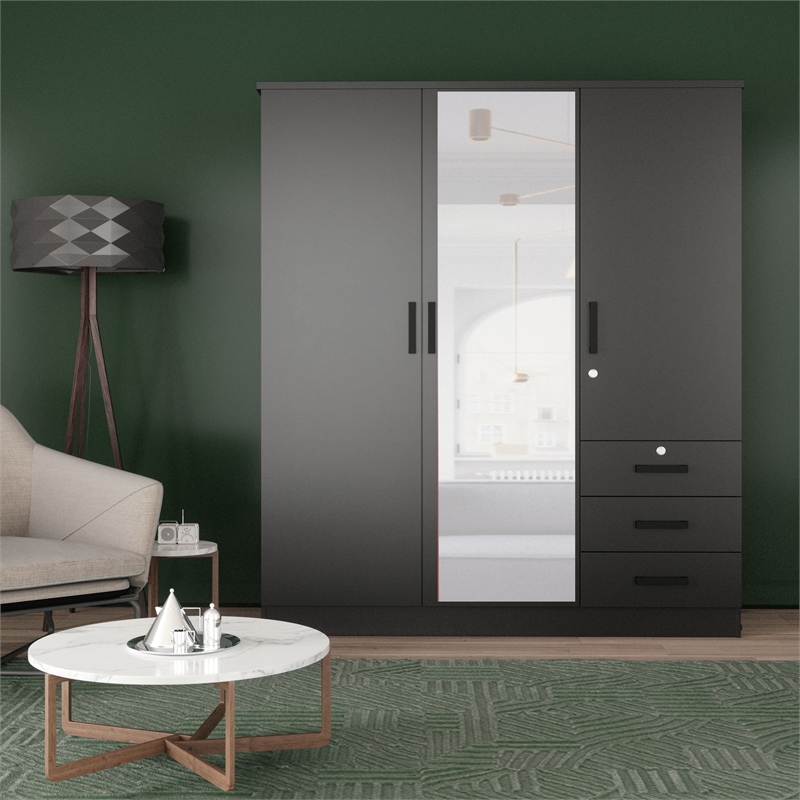 Pemberly Row Engineered Wood Wardrobe Armoire with Mirror in Black