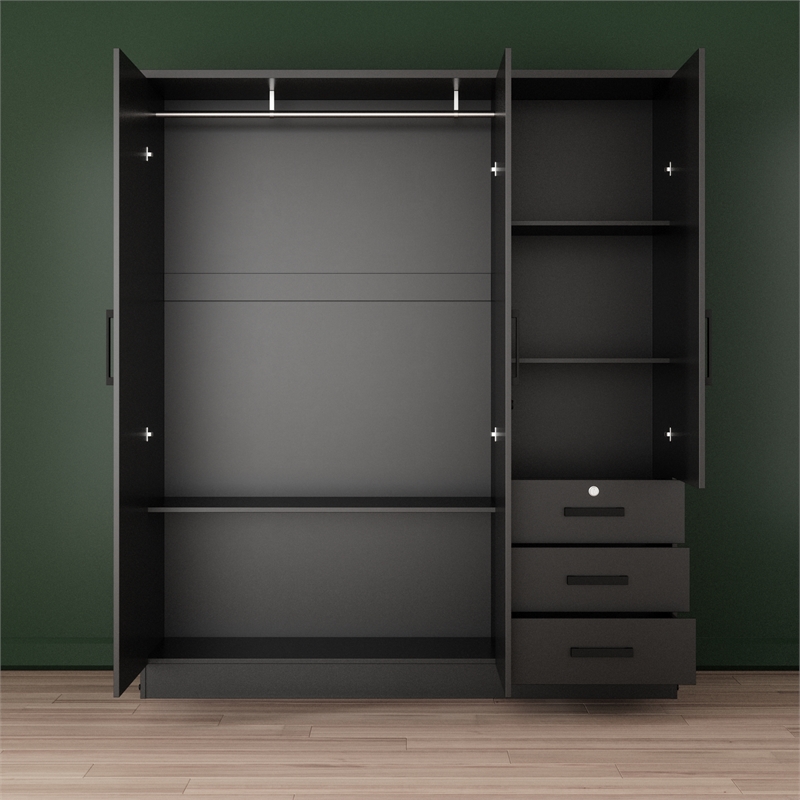 Pemberly Row Engineered Wood Wardrobe Armoire with Mirror in Black