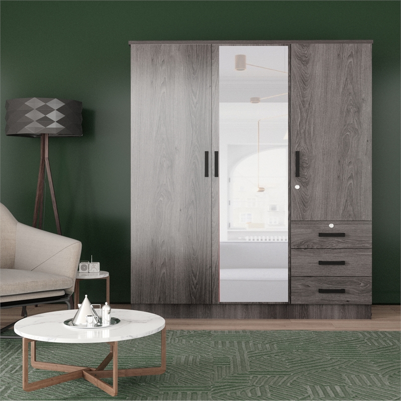 Pemberly Row Engineered Wood Wardrobe Armoire with Mirror in Gray