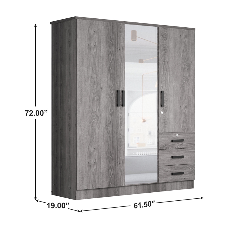 Pemberly Row Engineered Wood Wardrobe Armoire with Mirror in Gray