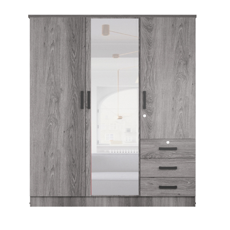 Pemberly Row Engineered Wood Wardrobe Armoire with Mirror in Gray