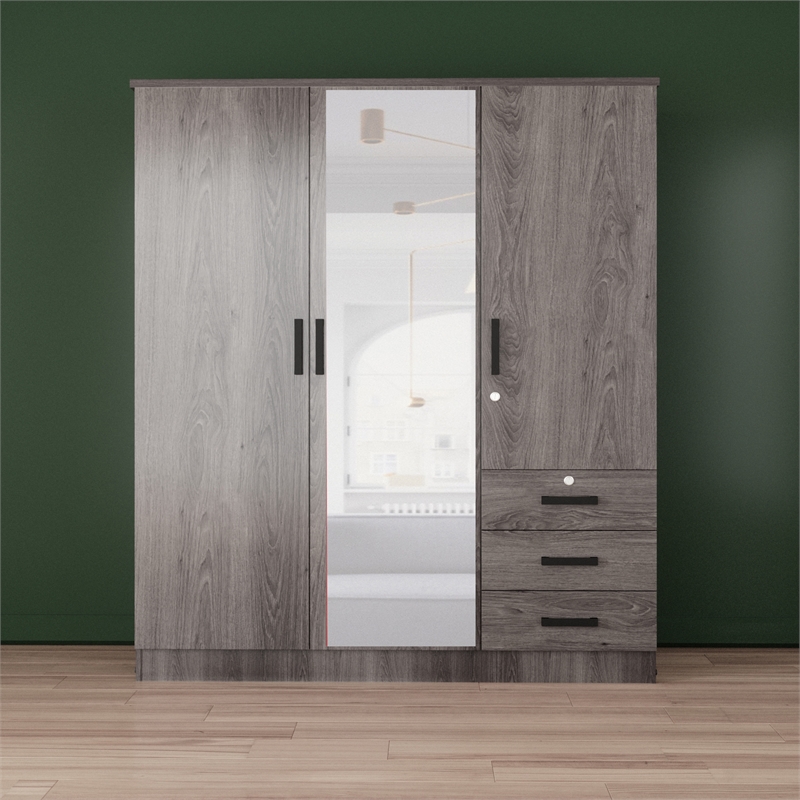 Pemberly Row Engineered Wood Wardrobe Armoire with Mirror in Gray