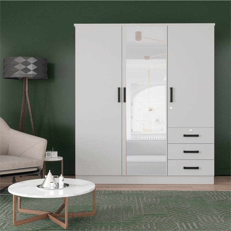 Pemberly Row Engineered Wood Wardrobe Armoire with Mirror in White