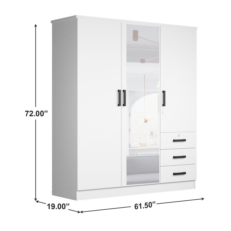 Pemberly Row Engineered Wood Wardrobe Armoire with Mirror in White