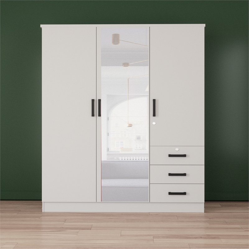 Pemberly Row Engineered Wood Wardrobe Armoire with Mirror in White