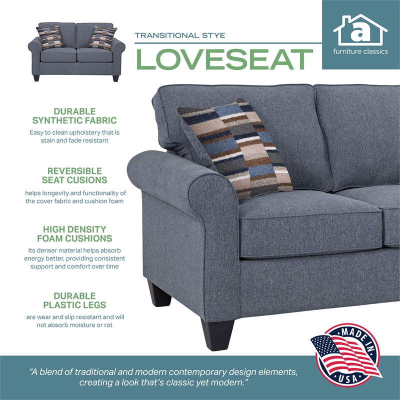 Pemberly Row Contemporary Rolled Arm Loveseat with Two Pillows