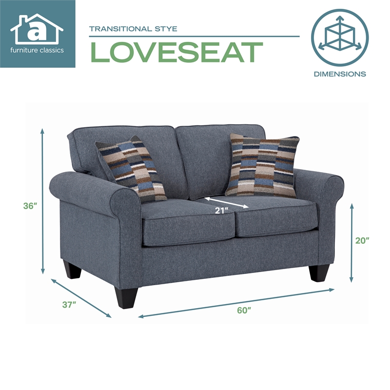 Pemberly Row Contemporary Rolled Arm Loveseat with Two Pillows