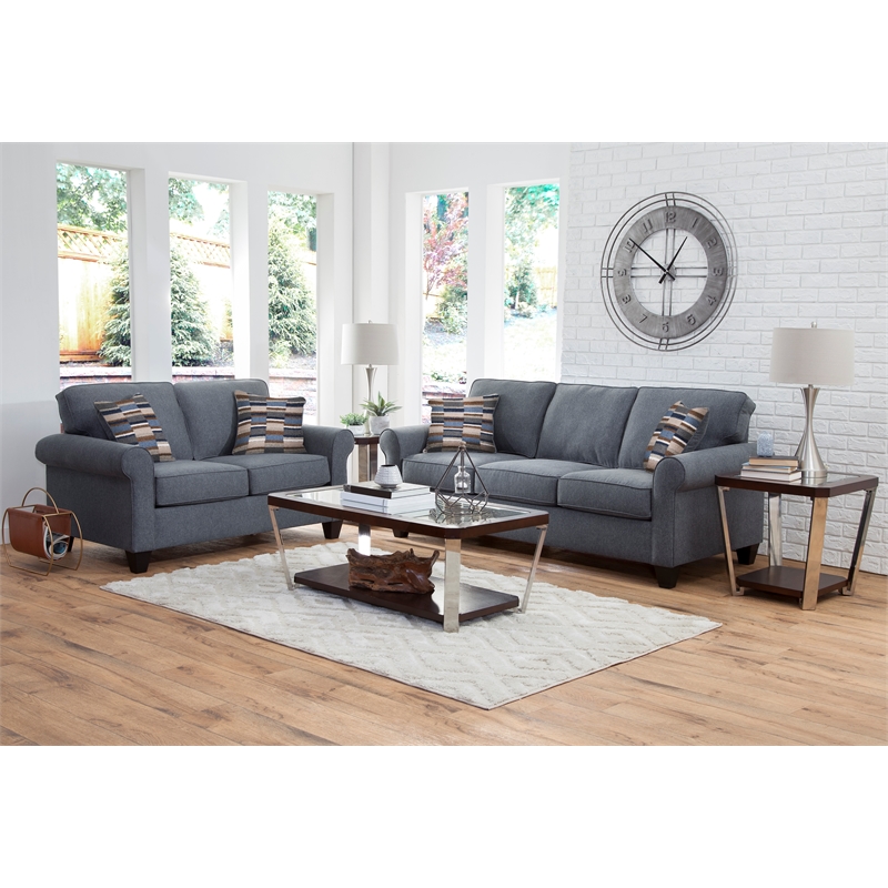 Pemberly Row Contemporary Rolled Arm Loveseat with Two Pillows