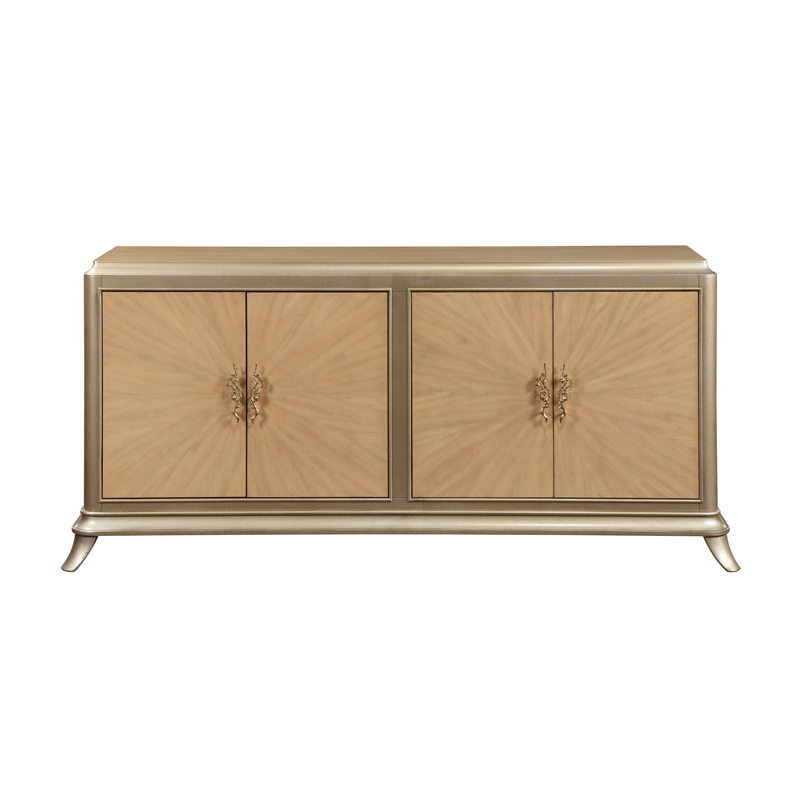 Pemberly Row Wood Console Cabinet in Natural Oak Sunburst and Taupe Champaign