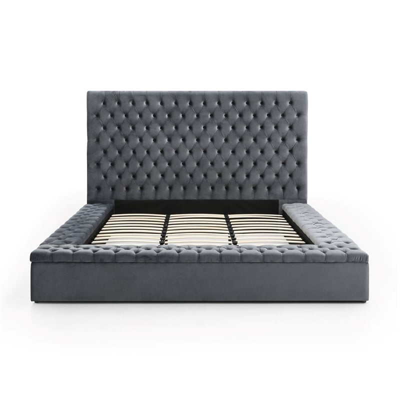 Pemberly Row Queen Velvet Tufted Upholstered Storage Platform Bed in Gray