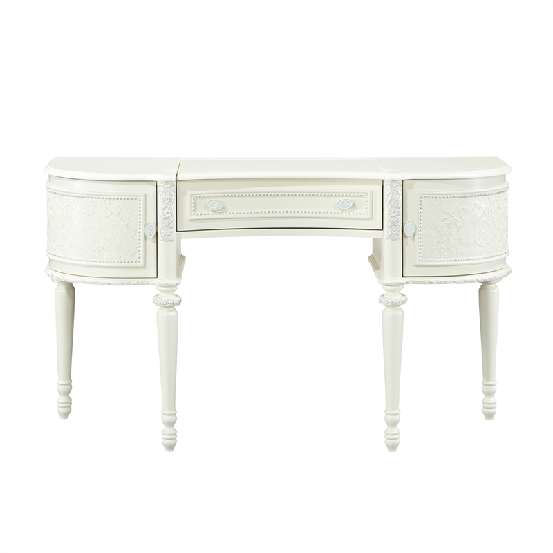 Pemberly Row 3-Drawer Transitional Wood Vanity Desk and Mirror in Ivory