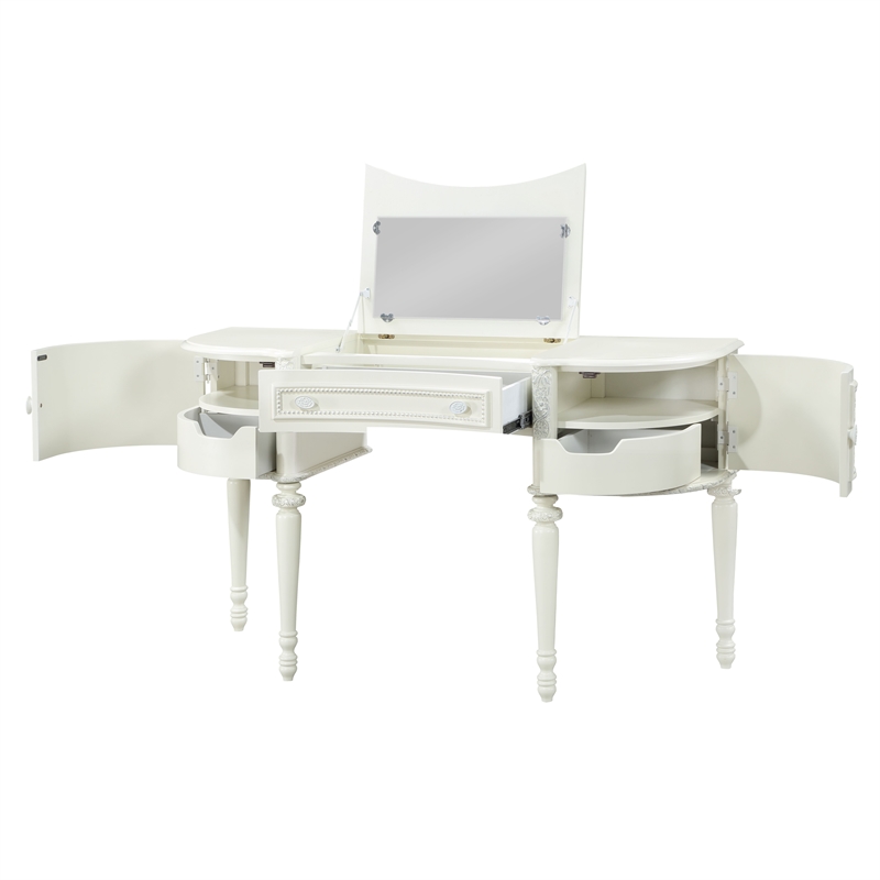 Pemberly Row 3-Drawer Transitional Wood Vanity Desk and Mirror in Ivory