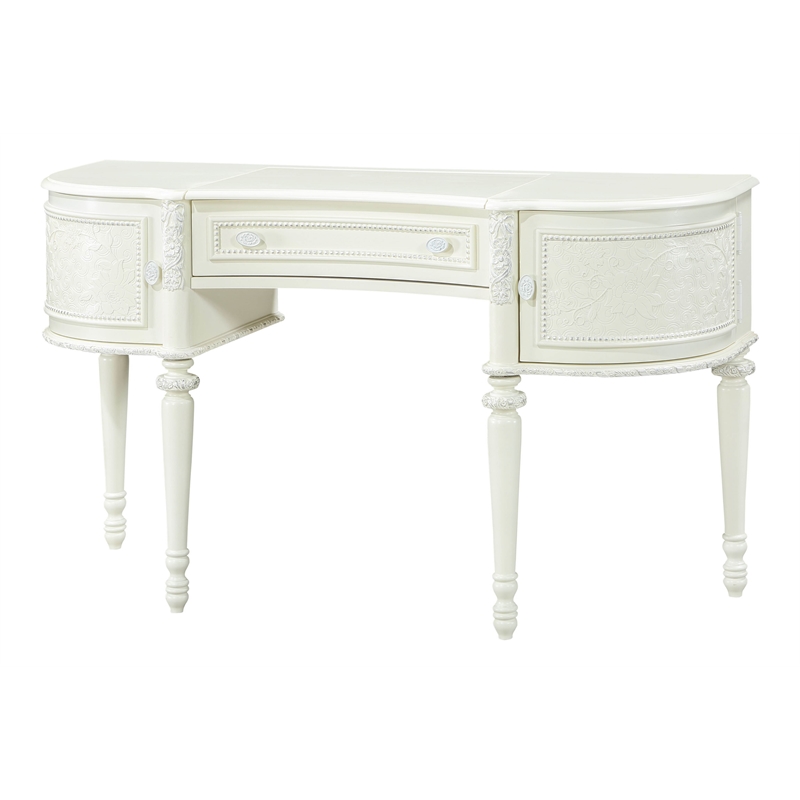 Pemberly Row 3-Drawer Transitional Wood Vanity Desk and Mirror in Ivory