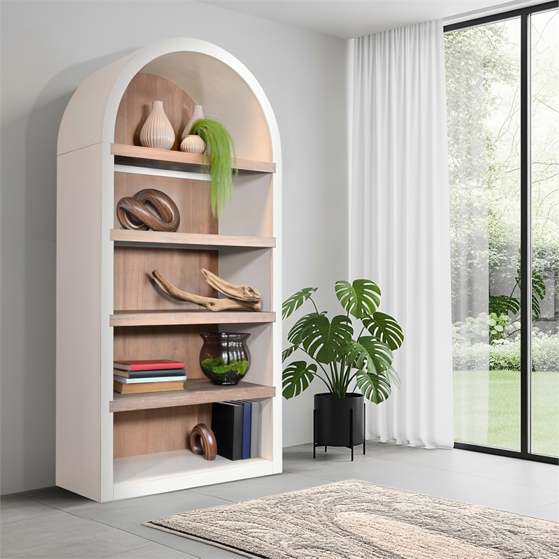 Pemberly Row Contemporary Arched Solid Wood Bookcase in White