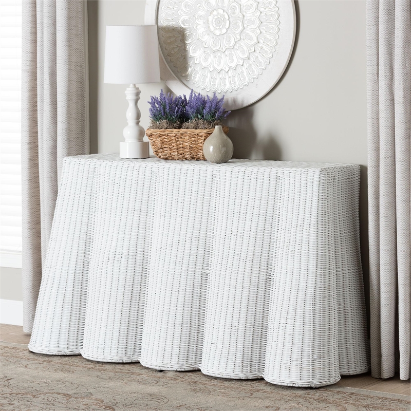 Pemberley Row Rattan White Console Table Rectangular Scalloped 54.3