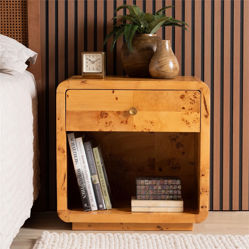 Pemberly Row Modern Natural Real Burl Wood 1-Drawer Nightstand
