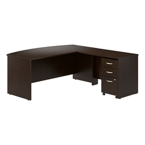 Pemberly Row 72W Bow Front L Shaped Desk w/ Mobile File Cabinet in Mocha Cherry