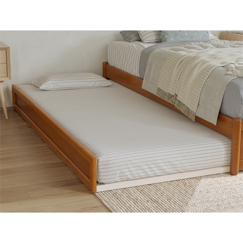 Pemberly Row Twin XL Wood Panel Platform Bed with Twin XL Trundle - Light Toffee