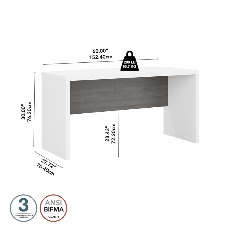 Pemberly Row 60W Bow Front Desk in Pure White and Modern Gray - Engineered Wood