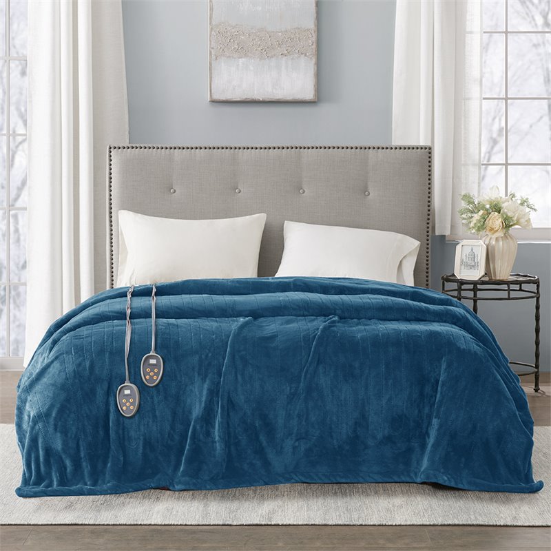 Pemberly Row Polyester Solid Microlight Reversible Heated Blanket in Teal Blue