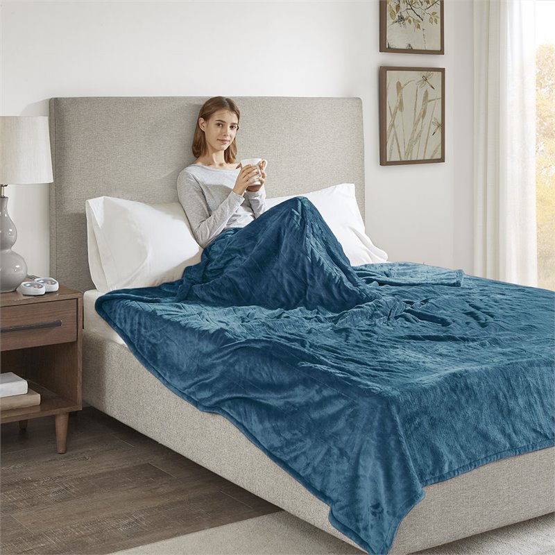 Pemberly Row Polyester Solid Microlight Reversible Heated Blanket in Teal Blue