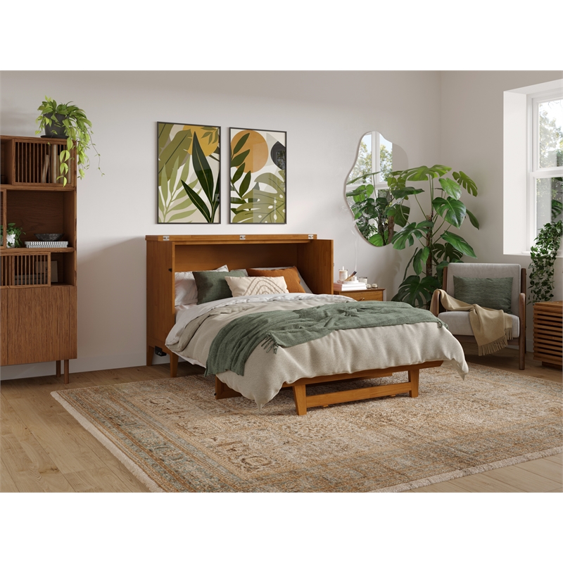 Pemberly Row Full Murphy Bed Chest w/ Mattress & Built-in Charger - Light Toffee