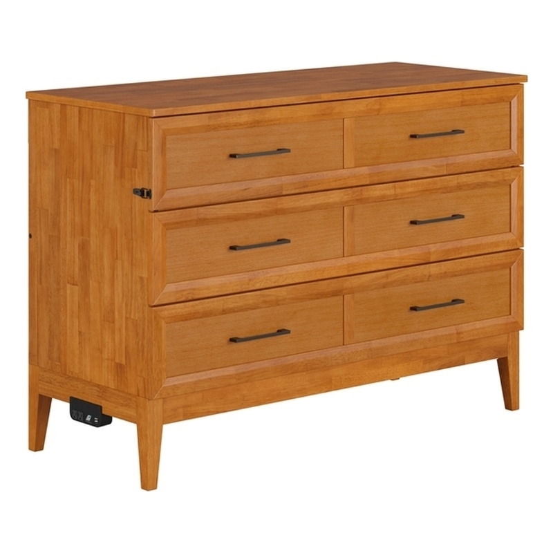Pemberly Row Full Murphy Bed Chest w/ Mattress & Built-in Charger - Light Toffee