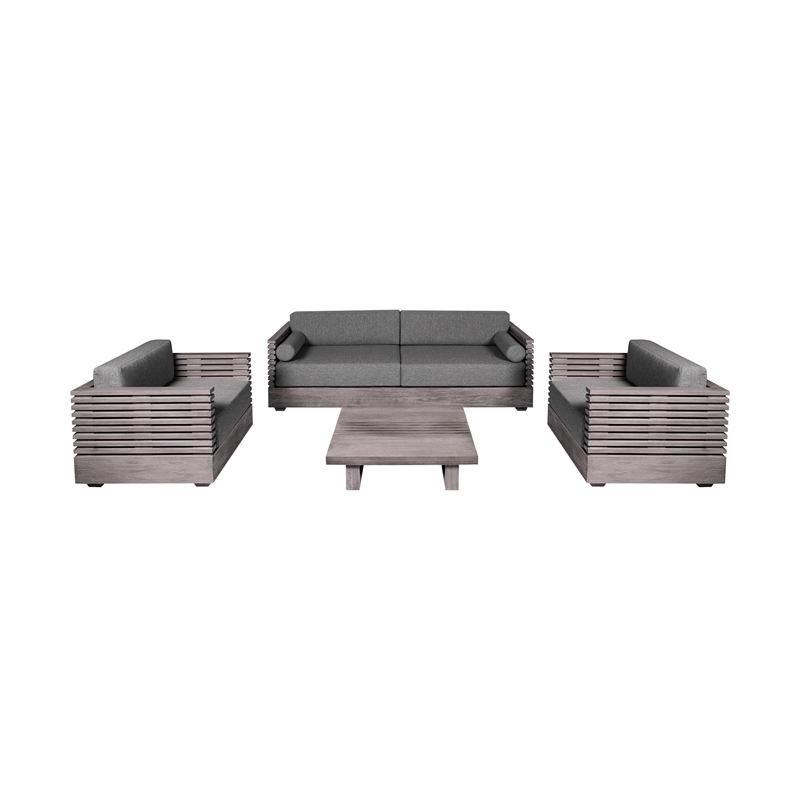 Pemberly Row Outdoor 4Pc Conversation Set in Gray Eucalyptus Wood with Cushions