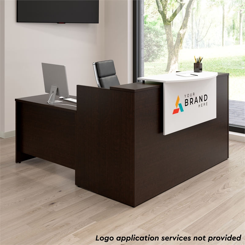 Pemberly Row Engineered Wood L-Shaped Reception Desk with Counter - Mocha Cherry