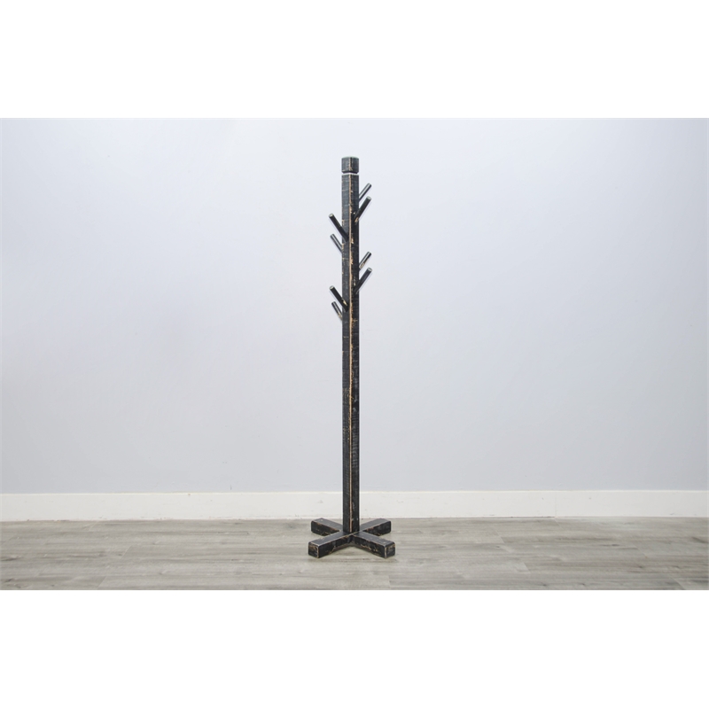 Pemberly Row Traditional Solid Wood Coat Rack with 8-Prong Hooks in Black Sand