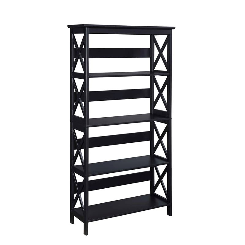 Pemberly Row Set of 2 5-Shelf Bookcases in Glossy Black Wood
